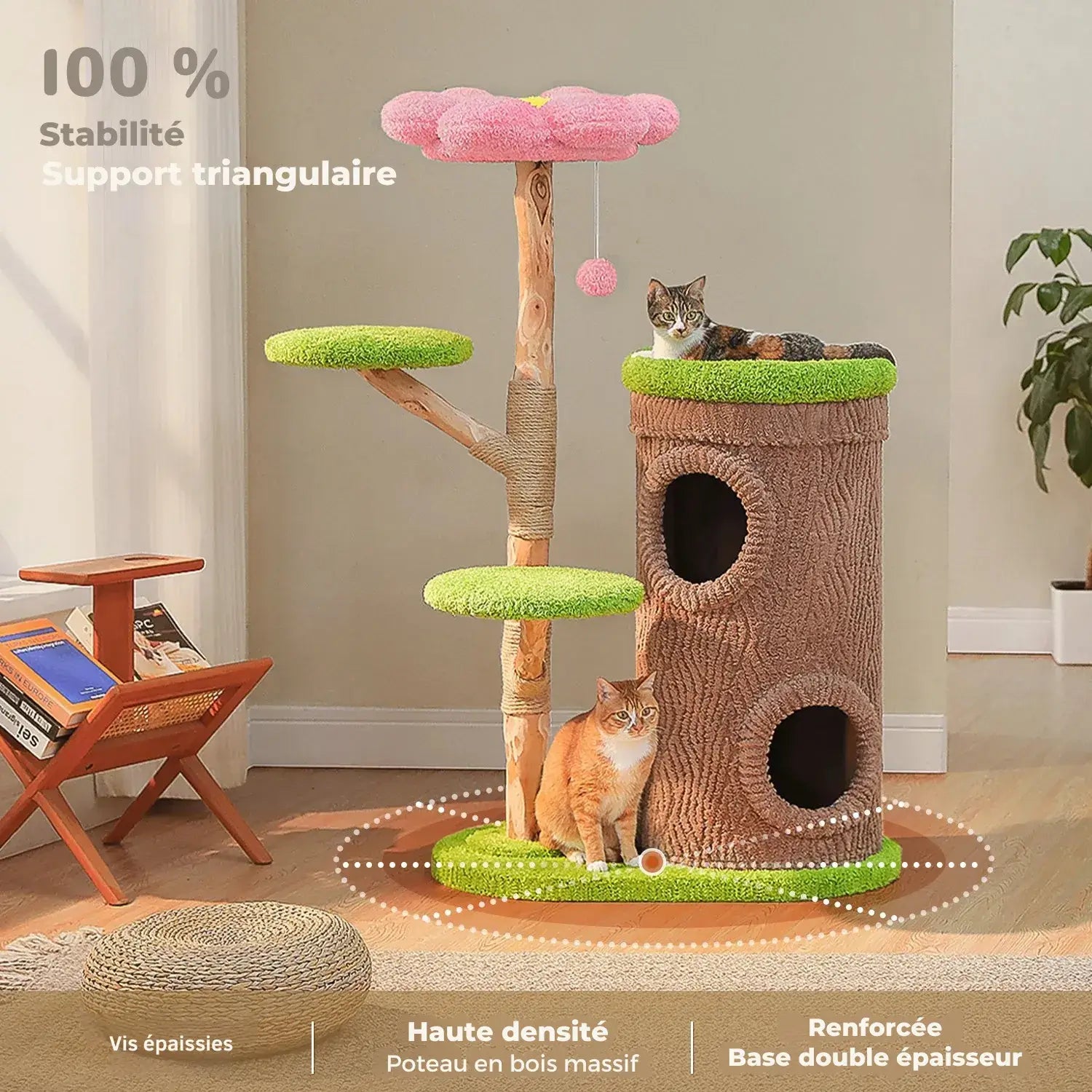 FLORA™ — Arbre à Chat Fleuri en Bois Naturel avec Condo & Plateformes Douces