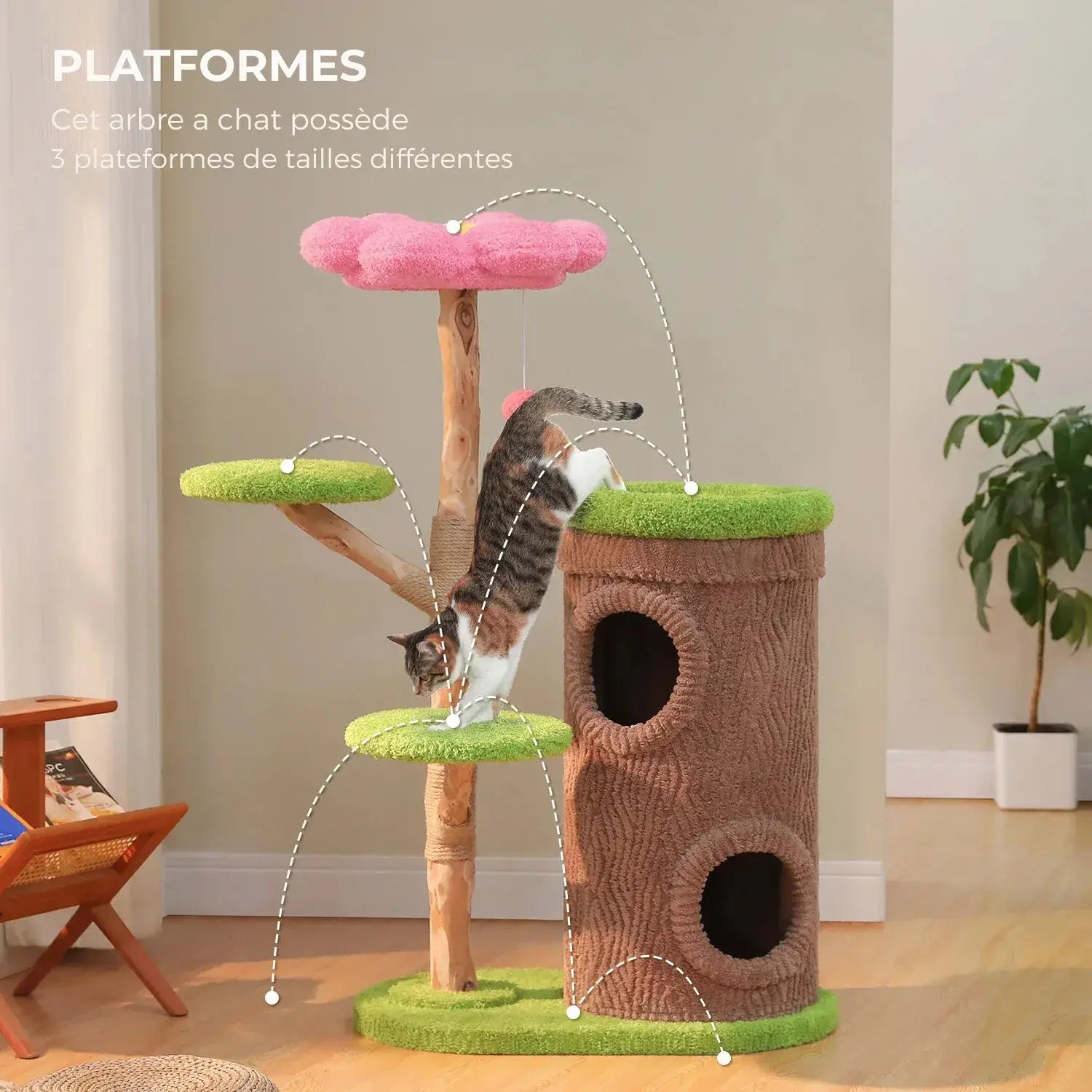FLORA™ — Arbre à Chat Fleuri en Bois Naturel avec Condo & Plateformes Douces