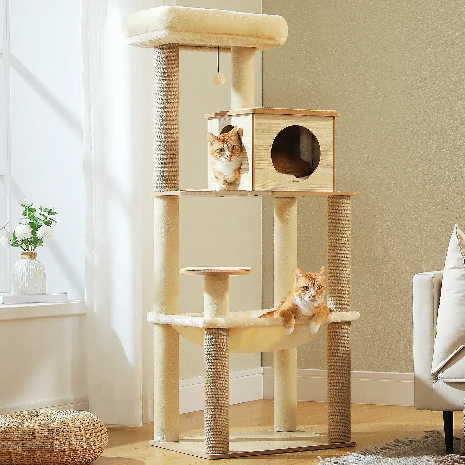 ORÉE™ — Arbre à Chat Bois Naturel Design avec Niche & Hamac | Stable & Élégant