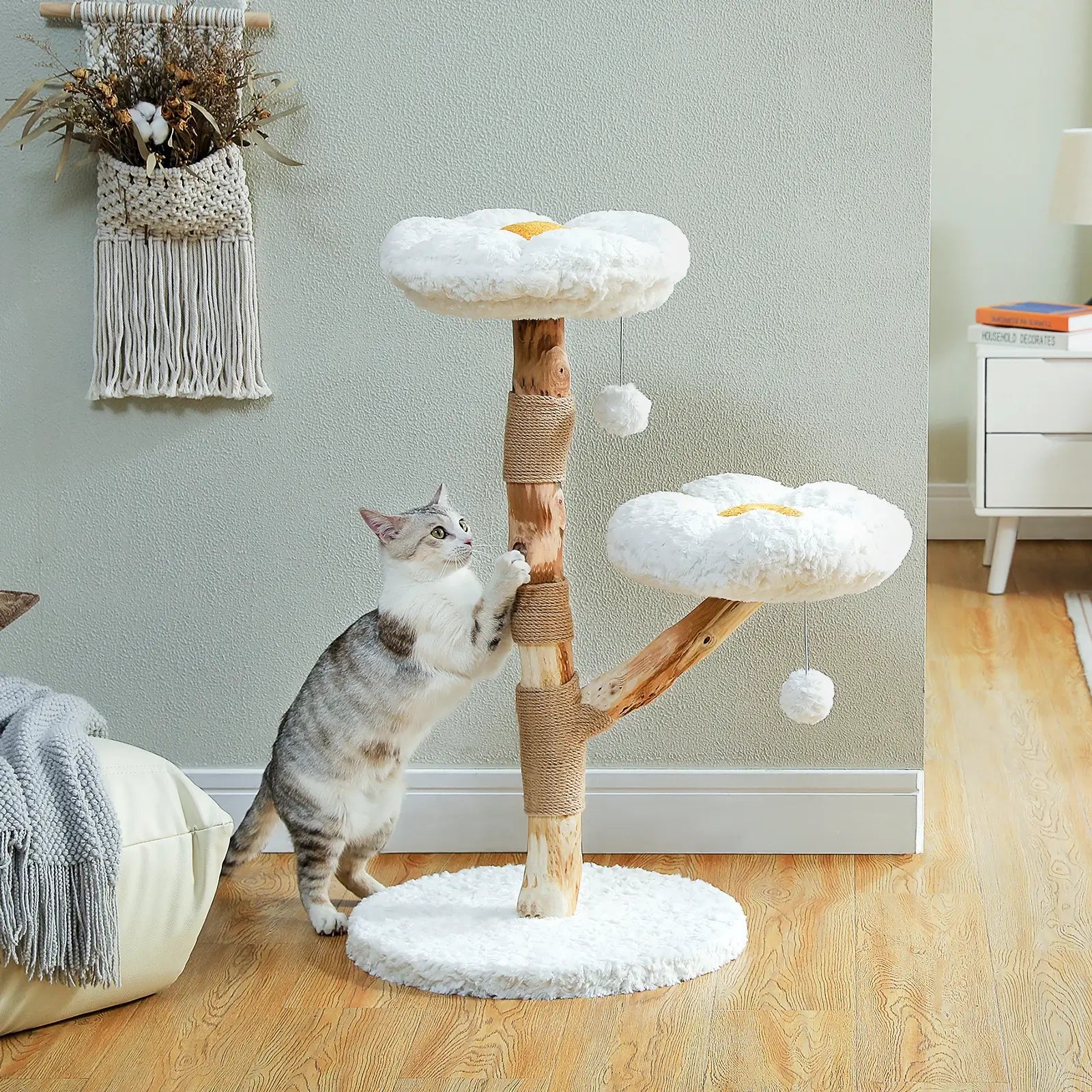 CORTEX™ — Arbre à Chat en Bois Naturel avec Plateformes Fleur & Griffoir Sisal