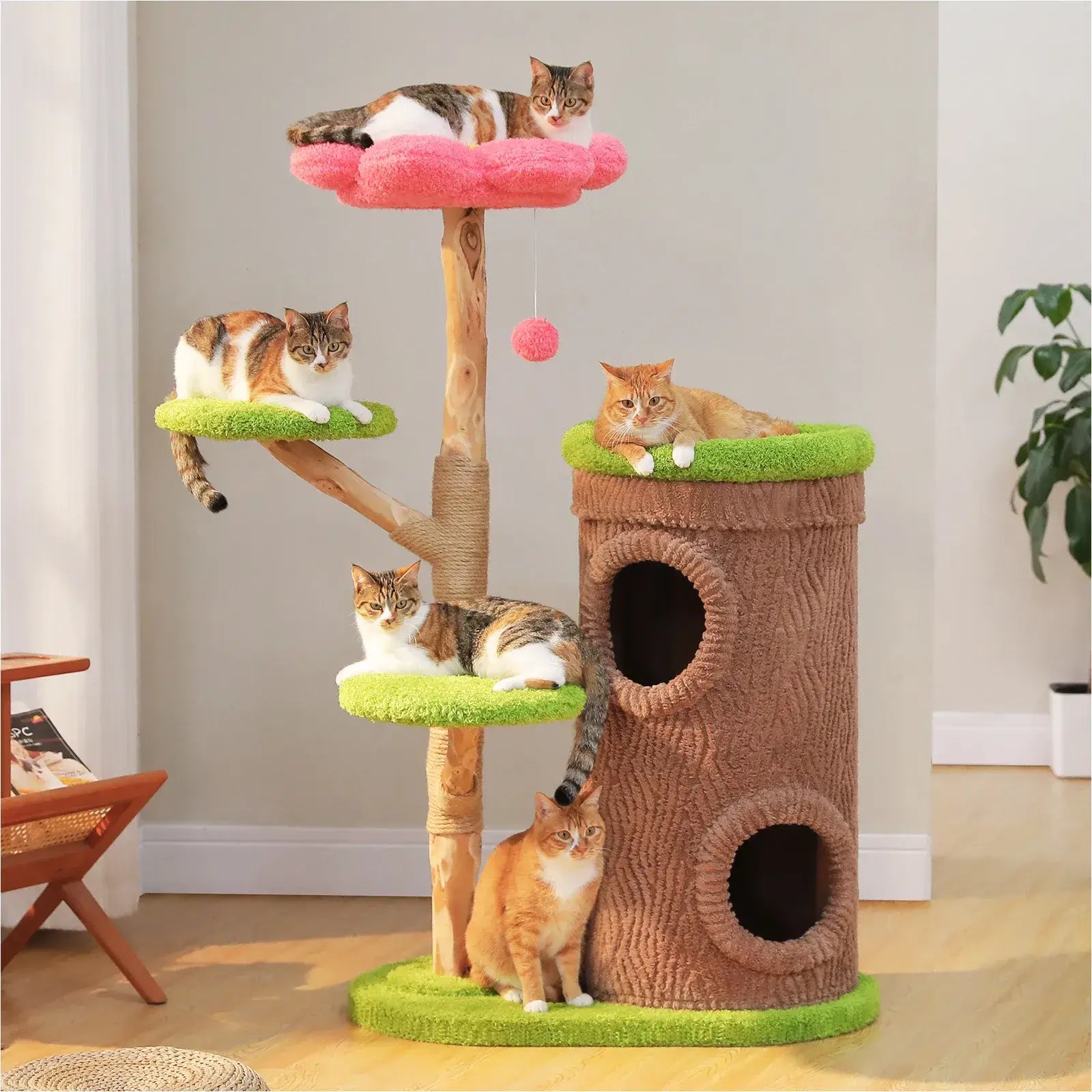 FLORA™ — Arbre à Chat Fleuri en Bois Naturel avec Condo & Plateformes Douces