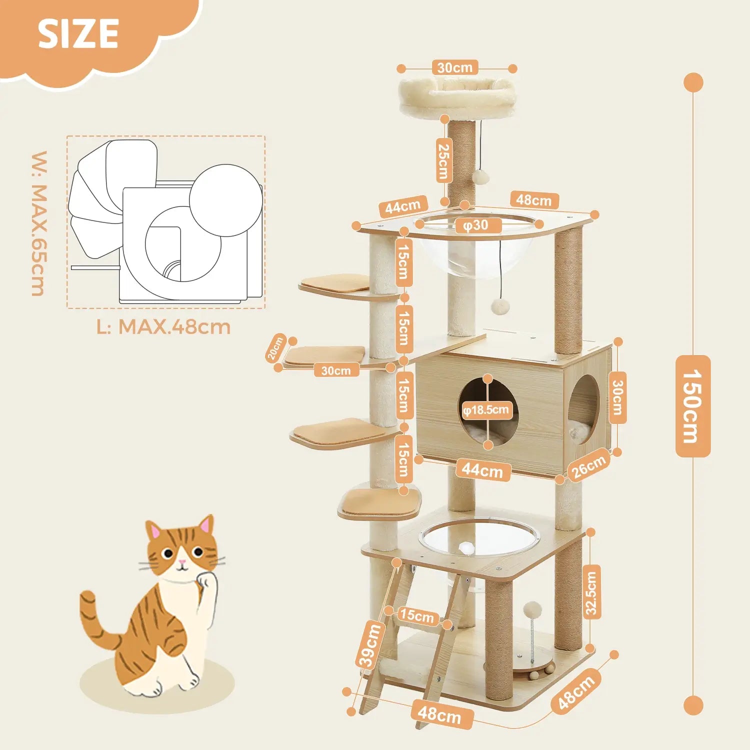 Dimensions arbre à chat XXL CORTEX avec plateformes et niche
