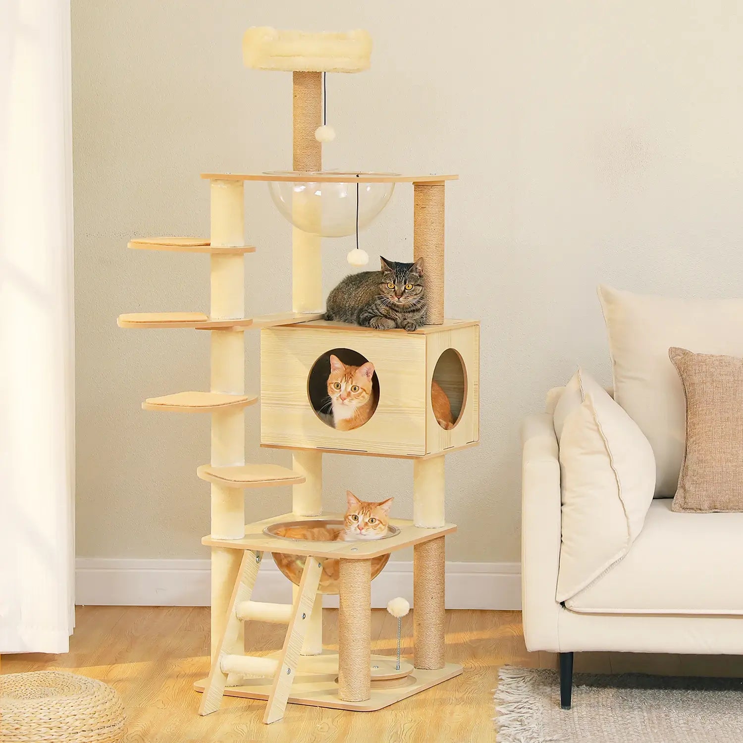 Détail bois naturel et finition arbre à chat CORTEX robuste et élégant

