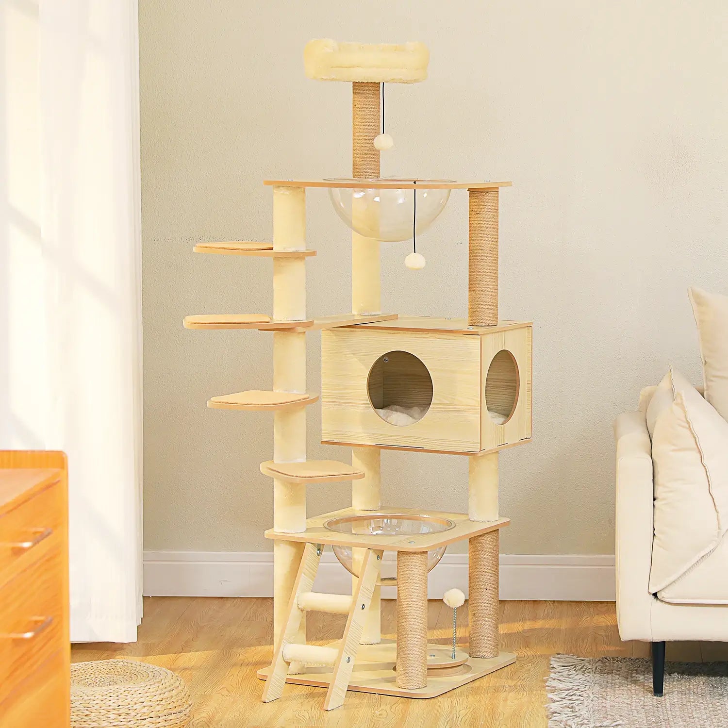 Arbre à chat bois naturel XXL stable avec niche et plateformes – CORTEX