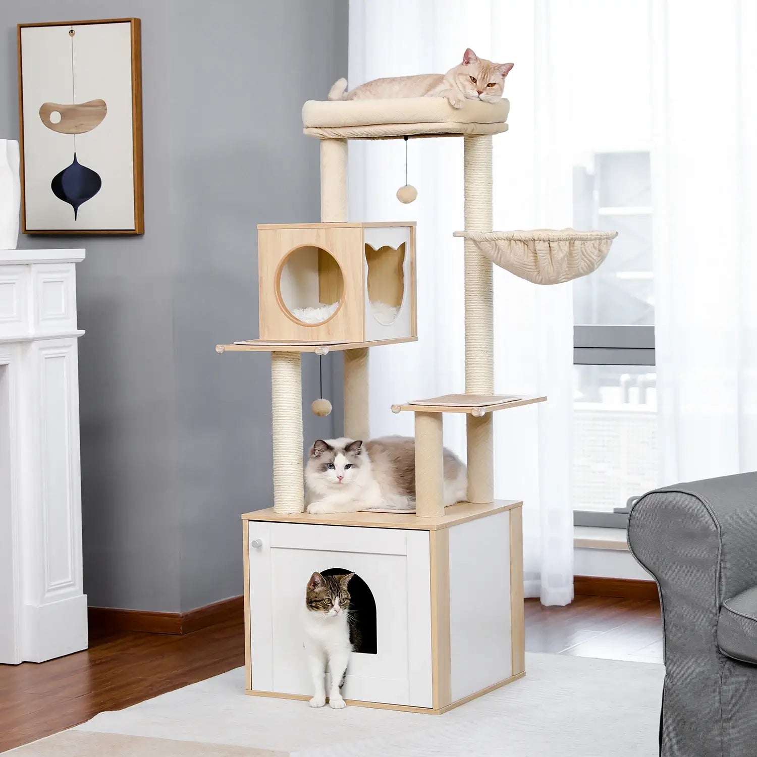Arbre à Chat Design Bois avec Niche & Hamac | AXIS™ Moderne & Stable