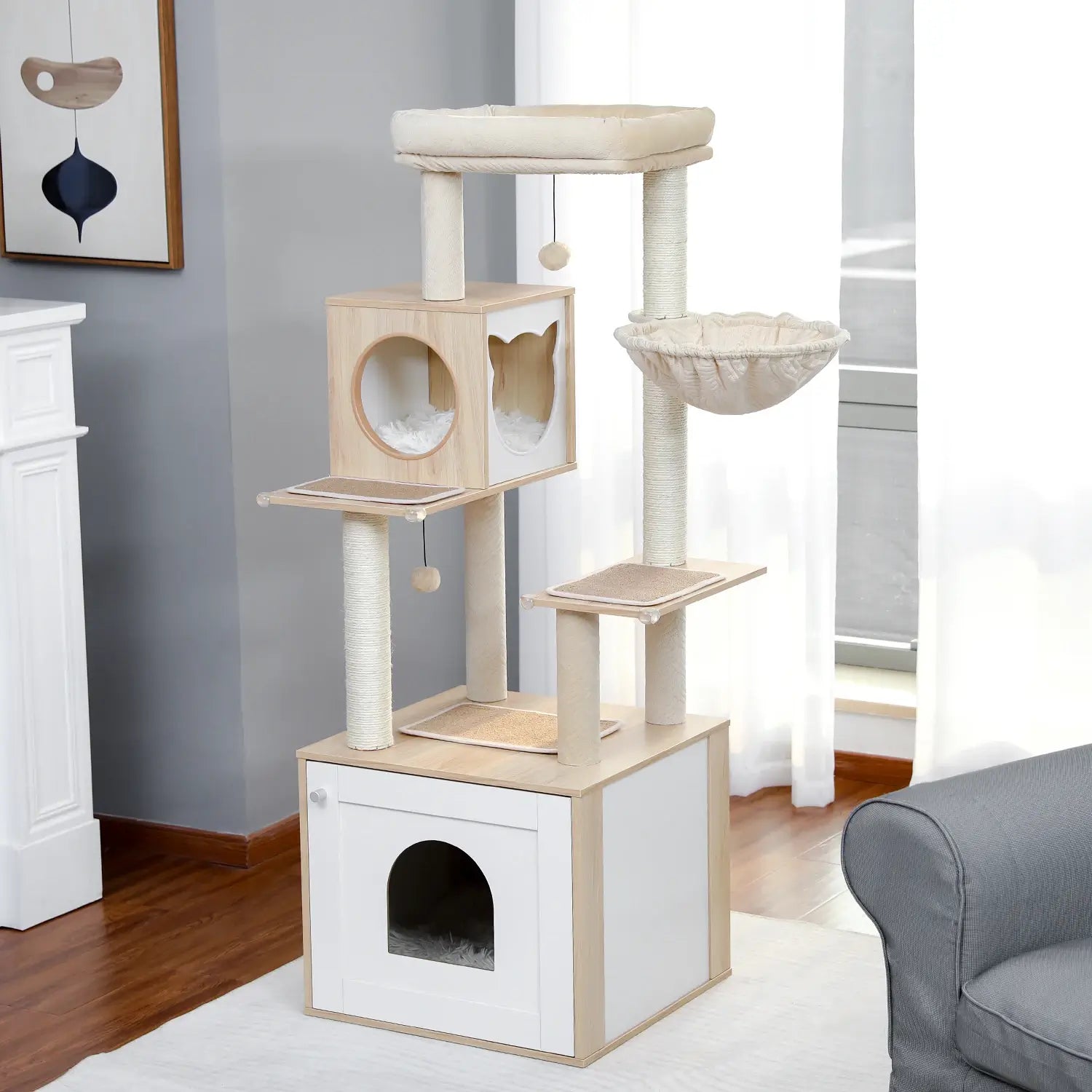 Arbre à Chat Design Bois avec Niche & Hamac | AXIS™ Moderne & Stable