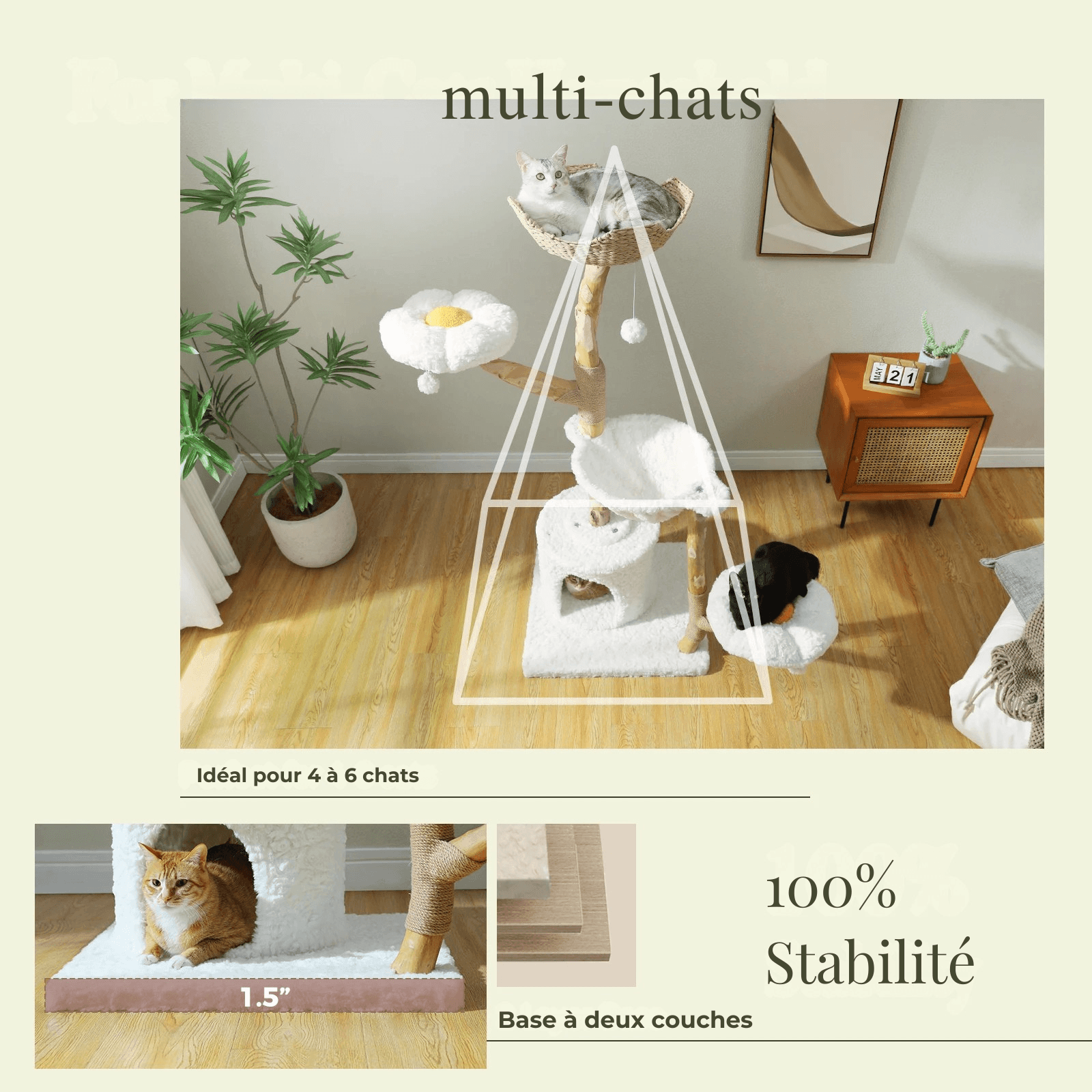 SAFARI™ — Arbre à chat en bois naturel avec hamacs & plateformes douillettes