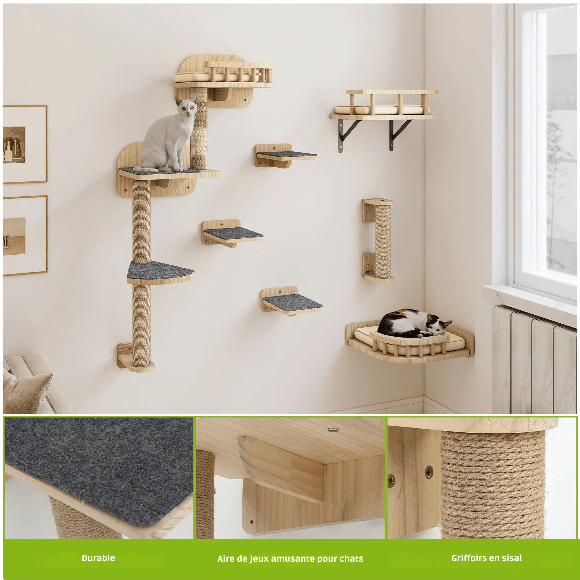 FACETTE™ – Parcours Mural Chat Bois Design | Arbre à Chat Mural Premium