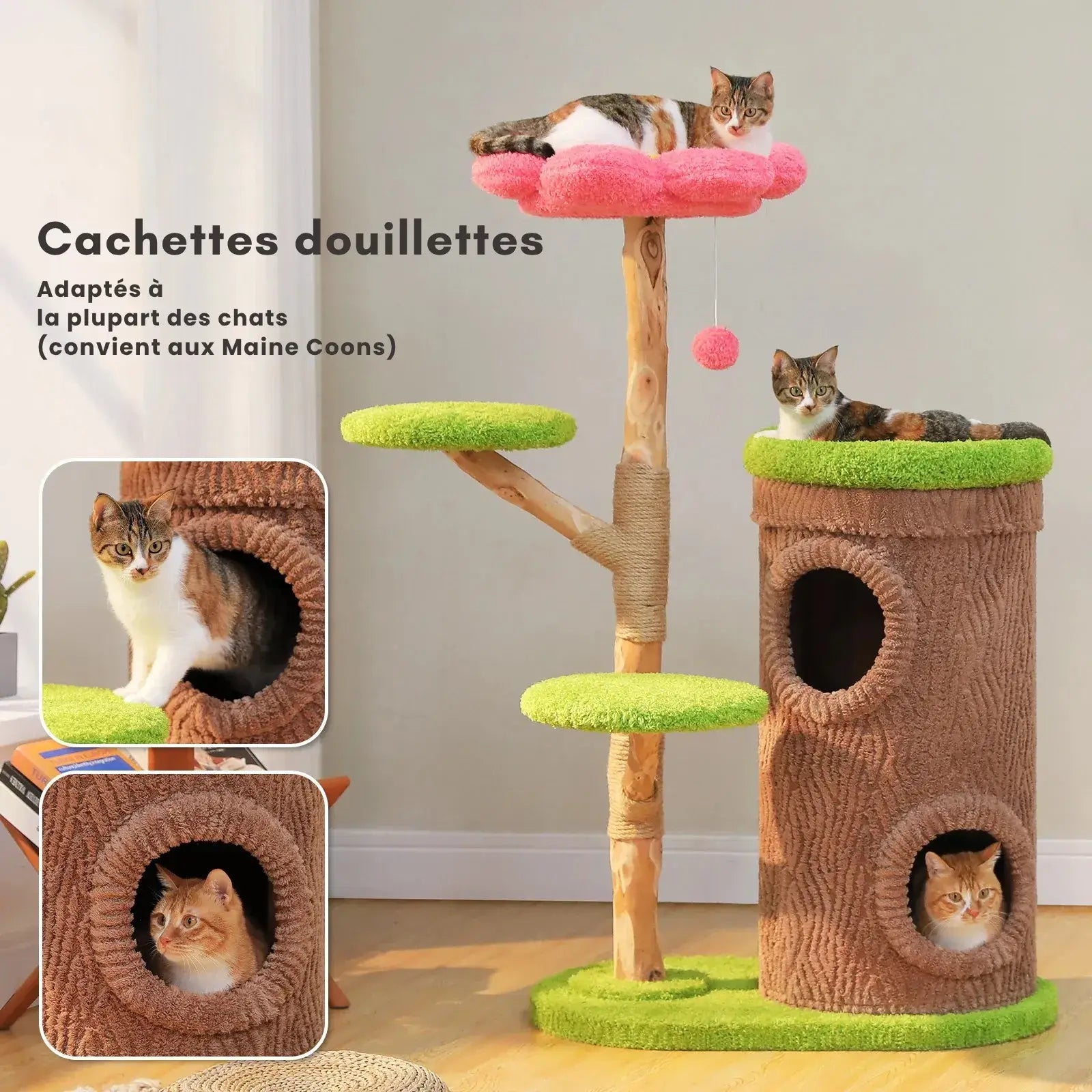 FLORA™ — Arbre à Chat Fleuri en Bois Naturel avec Condo & Plateformes Douces