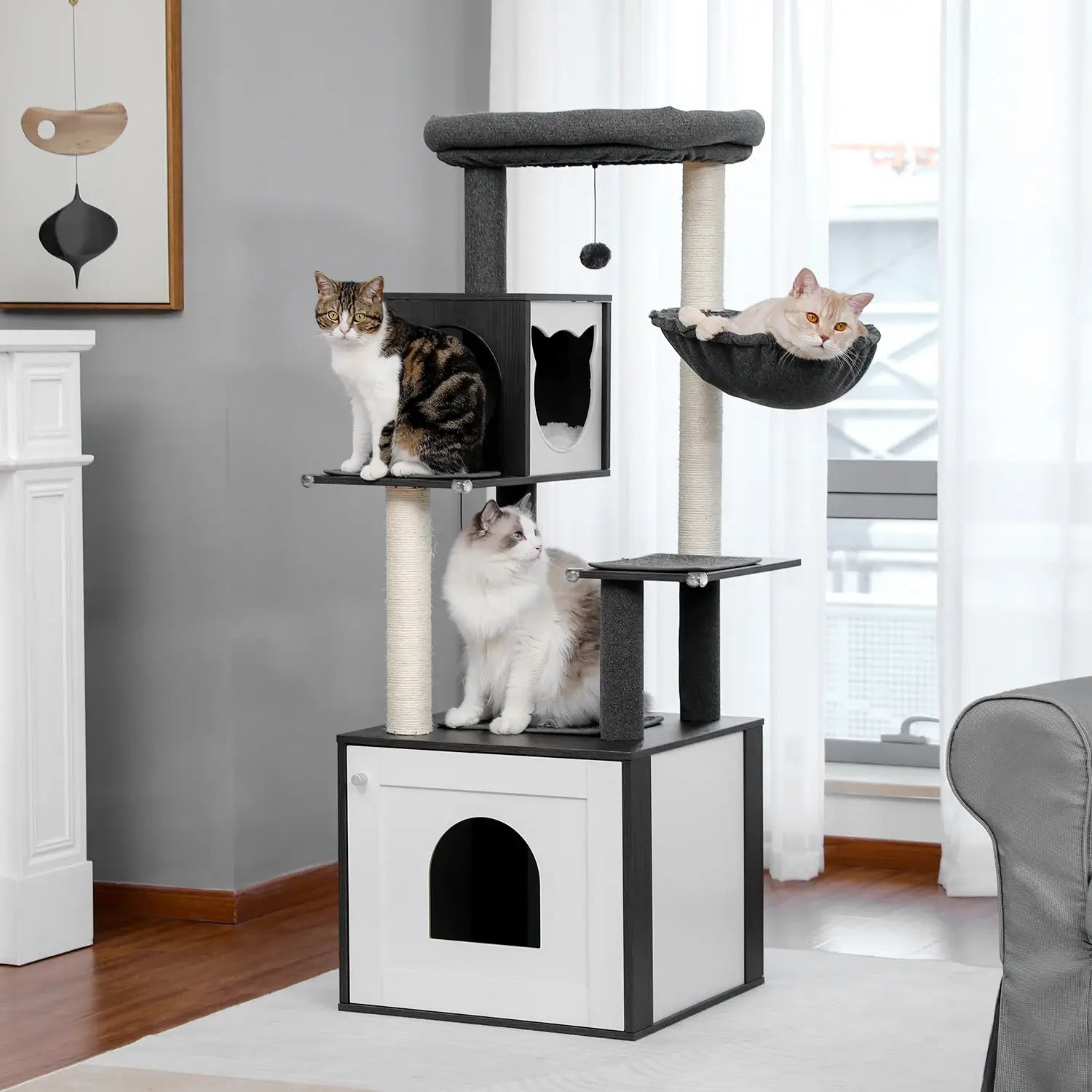Arbre à Chat Design Bois avec Niche & Hamac | AXIS™ Moderne & Stable