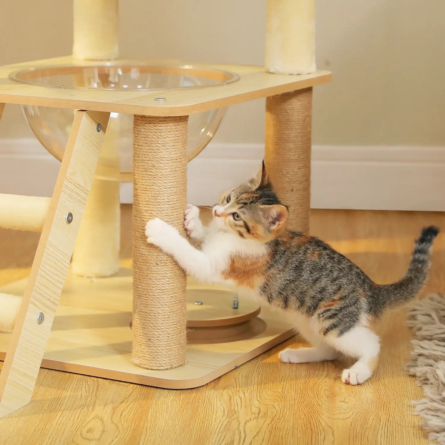 Arbre à chat bois naturel XXL stable avec niche et plateformes – CORTEX

